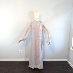 1960s Emma Domb Sari Inspired Maxi Dress with Bird Embroidery / Medium to Large